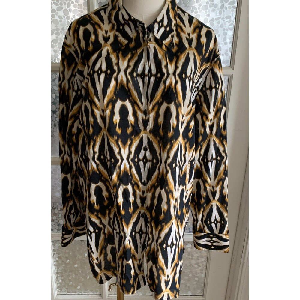 Jones New York Top Ikat Print Shirt 3X Cotton Button Front Animal Print Tribal